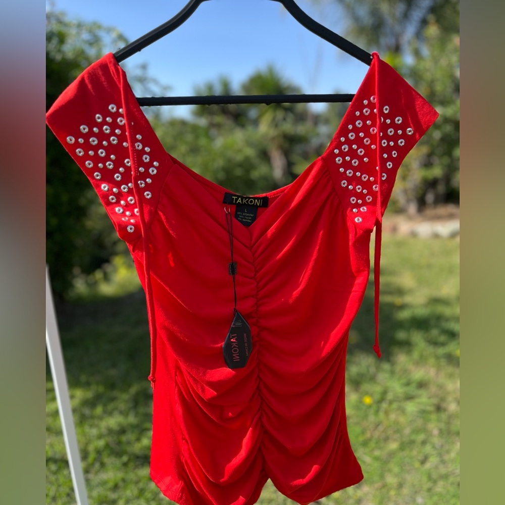 Takoni Red Embellished Ruched Women’s Blouse NWT size large